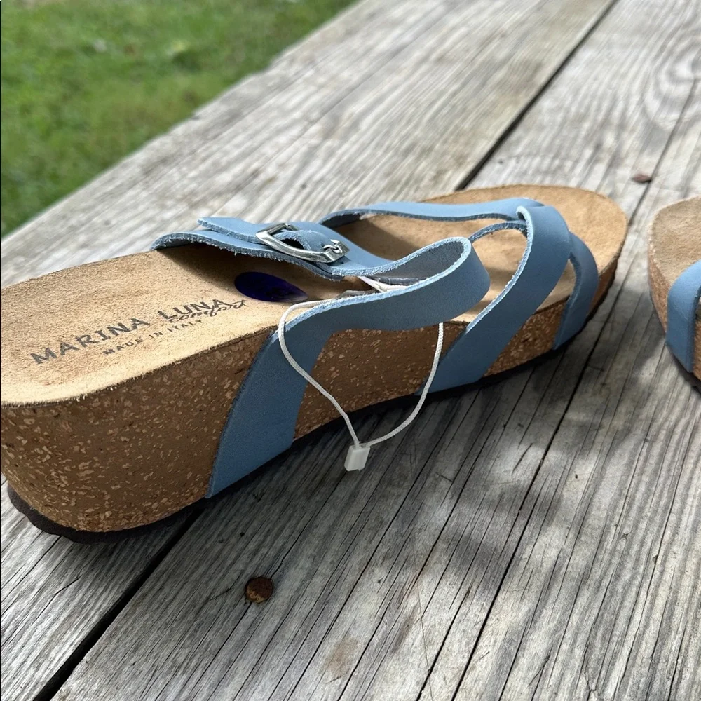 Marina Luna Blue Leather Cork Wedge Sandals